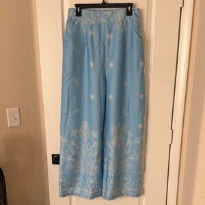 Elegant Light Blue Embroidered Wide Leg Pants